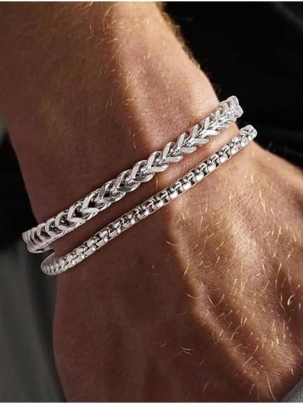 2Pcs Silver Cuban Link Bracelets for Men Stainless Steel Adjustable Non Tarnish